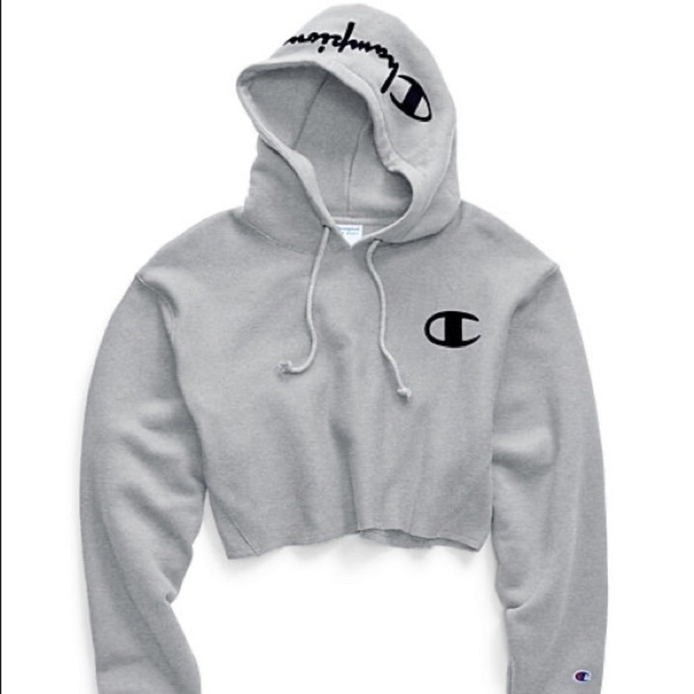 NEW CHAMPION GRAY REVERSE WEAVE FLOCK SCRIPT CROPPED HOODIE SWEATSHIRT SZ XSMALL